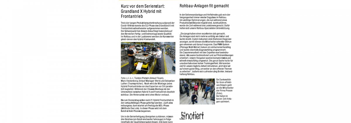 Aparición de Procon Systems en Opel Eisenach, revista interna de Opel. 