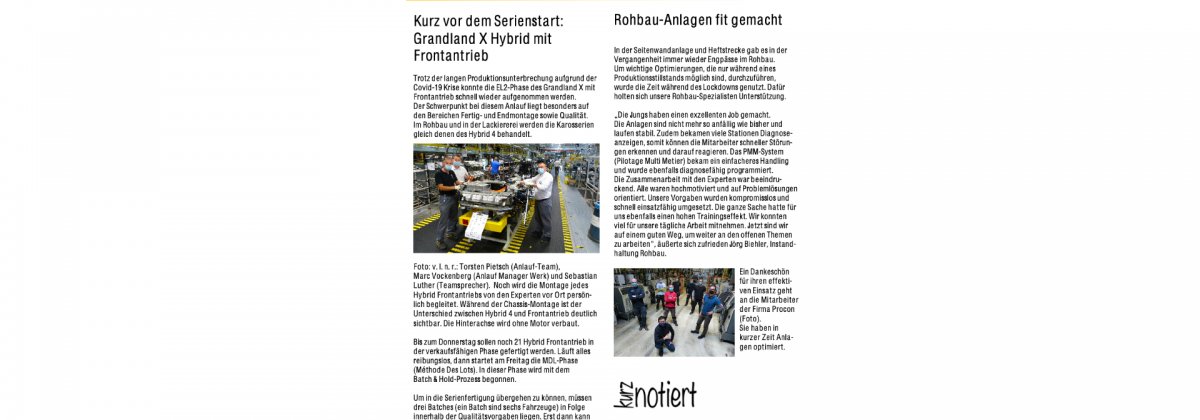 Aparición de Procon Systems en Opel Eisenach, revista interna de Opel.